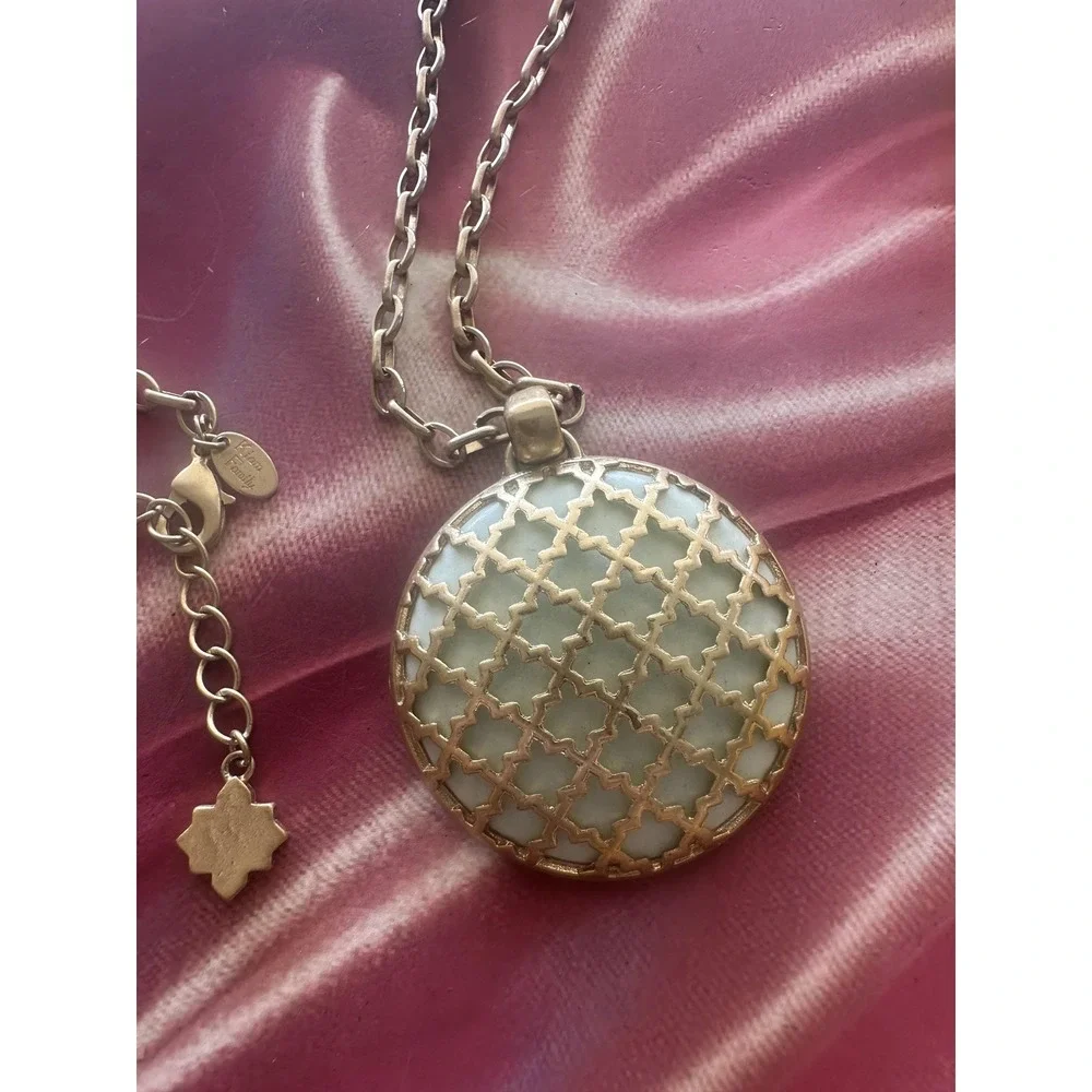 Lia Sophia Kiam Family Necklace Gold Tone Medallion Pendant Green Enamel Lattice